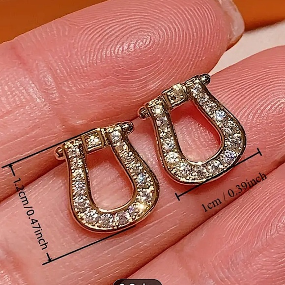 Gold Zircon Horseshoe Earrings, Stud, Horse bit, Snaffle, D R… - Picture 4 of 4
